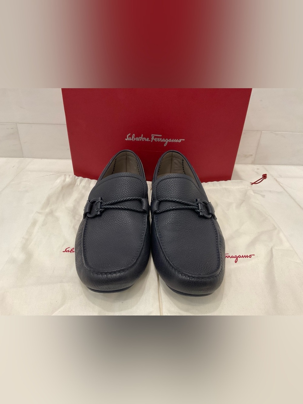 Salvatore Ferragamo Front 4 Pebbled Leather Loafers Blue Marine Size 10.5 EEE